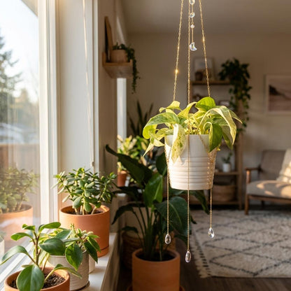 Hanging plant in a room with other potted plants and a window.