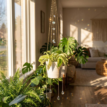 Hanging plant with decorative elements in a sunlit living room
