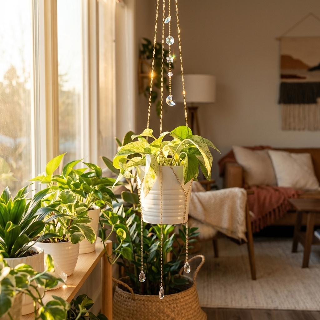 Hanging plant in a living room with natural light
