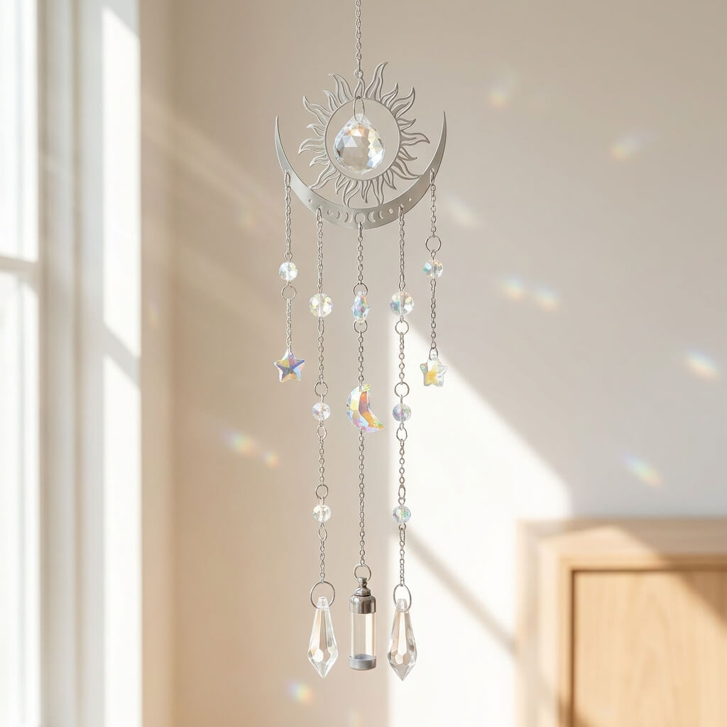 Decorative hanging crystal mobile with sun and moon design in a bright room.