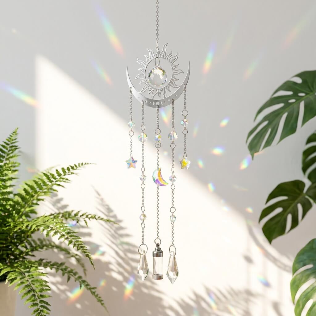 Decorative hanging sun and moon ornament with crystals on a white background with plant elements.