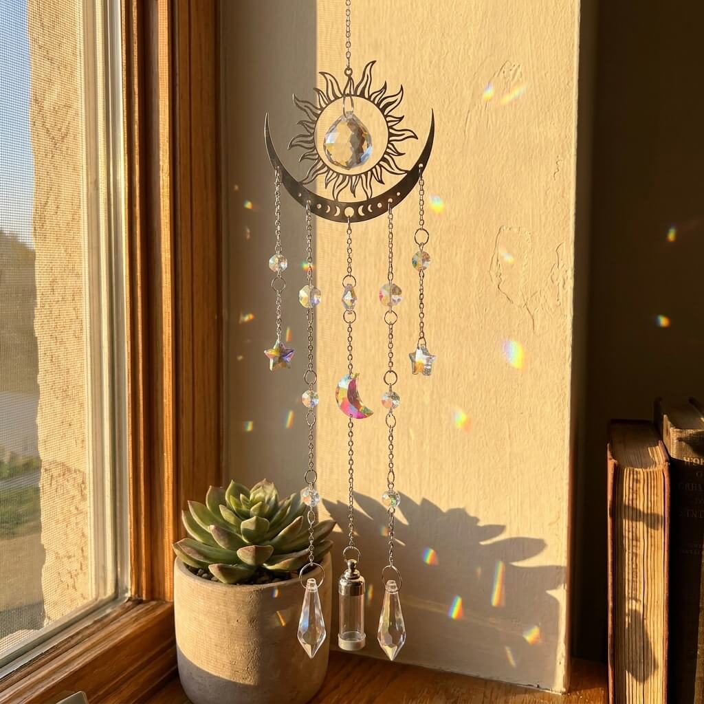 Decorative sun and moon hanging ornament with crystals on a window sill.