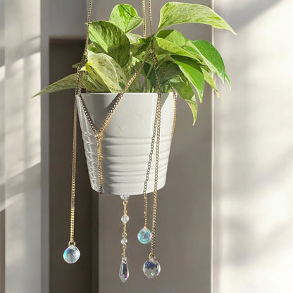 Hanging plant with decorative chain and beads against a neutral background