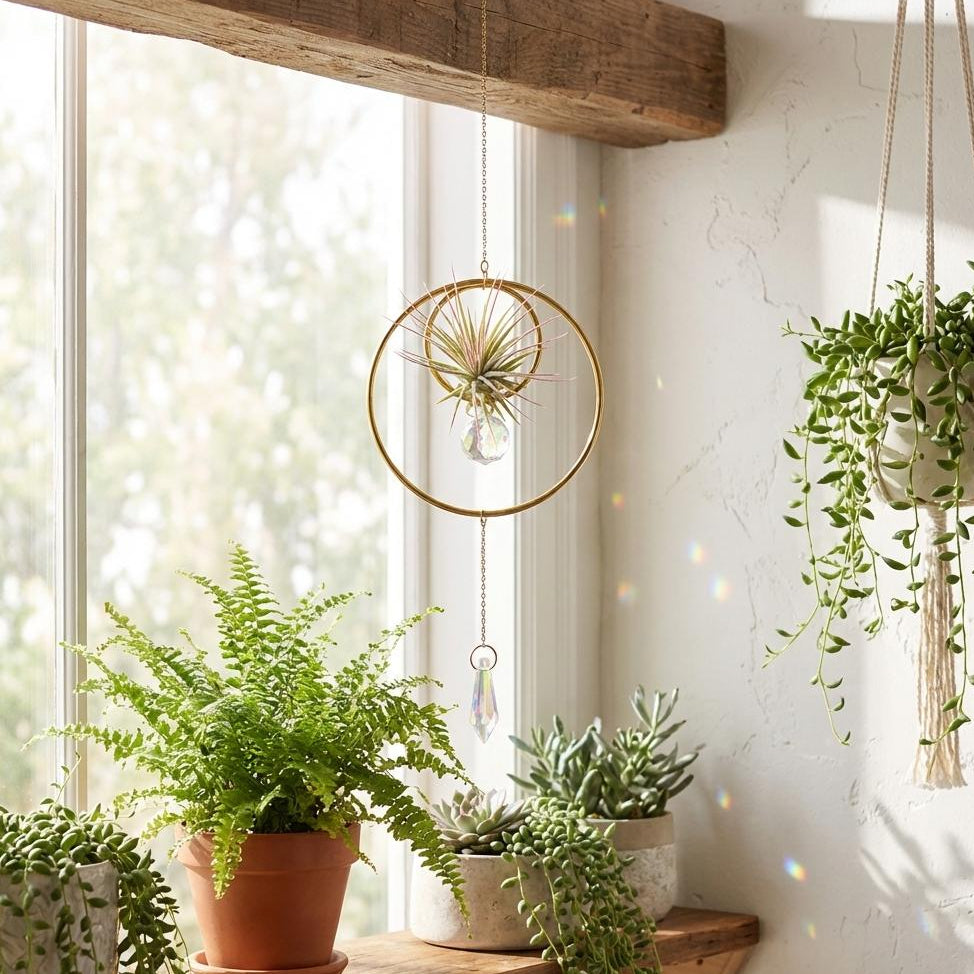 Indoor plants on a windowsill with a hanging air plant and macrame plant hanger.