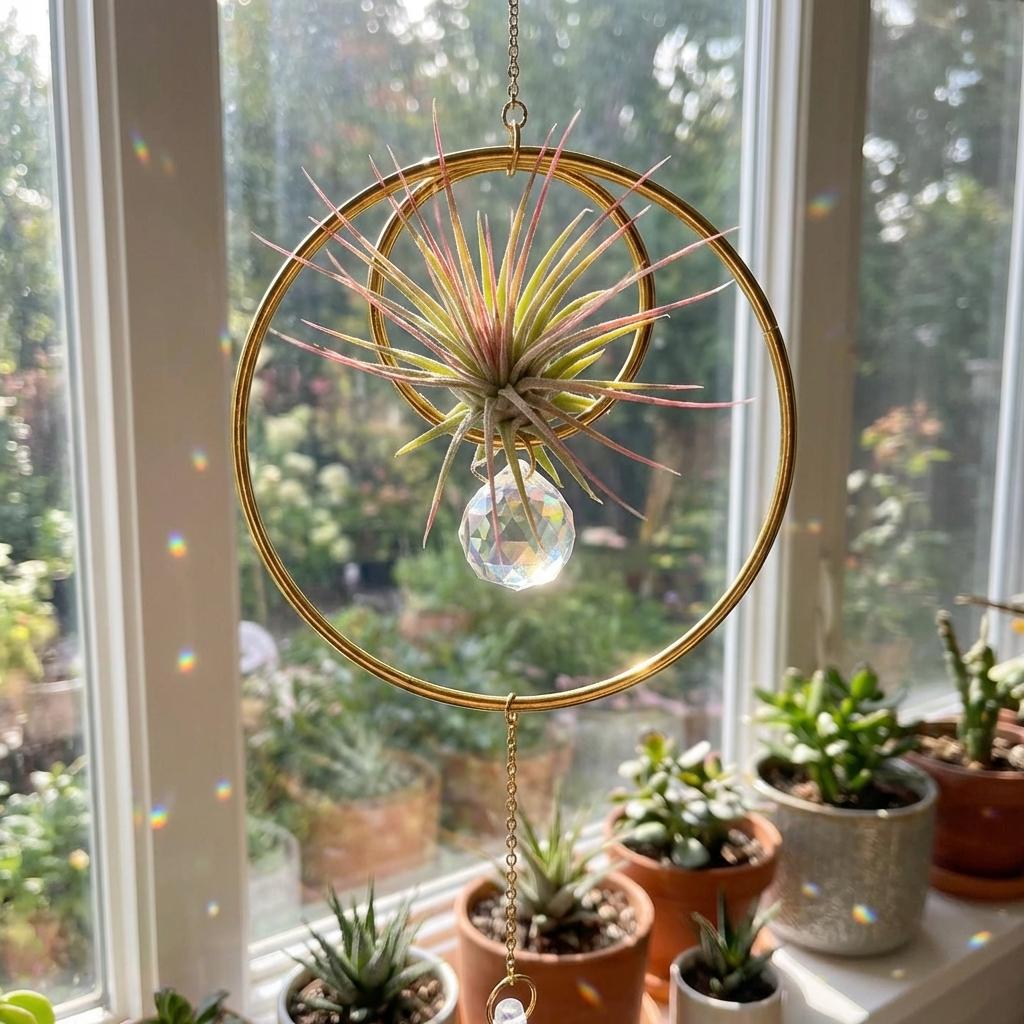 Decorative air plant holder with a hanging light bulb in front of a window with plants outside.