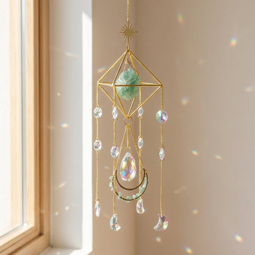 Decorative hanging crystal ornament with geometric design in front of a window.