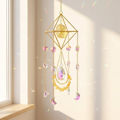 Decorative hanging crystal mobile with geometric design in a bright room.