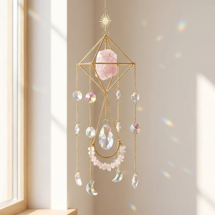 Decorative crystal hanging ornament in front of a window with sunlight streaming through.