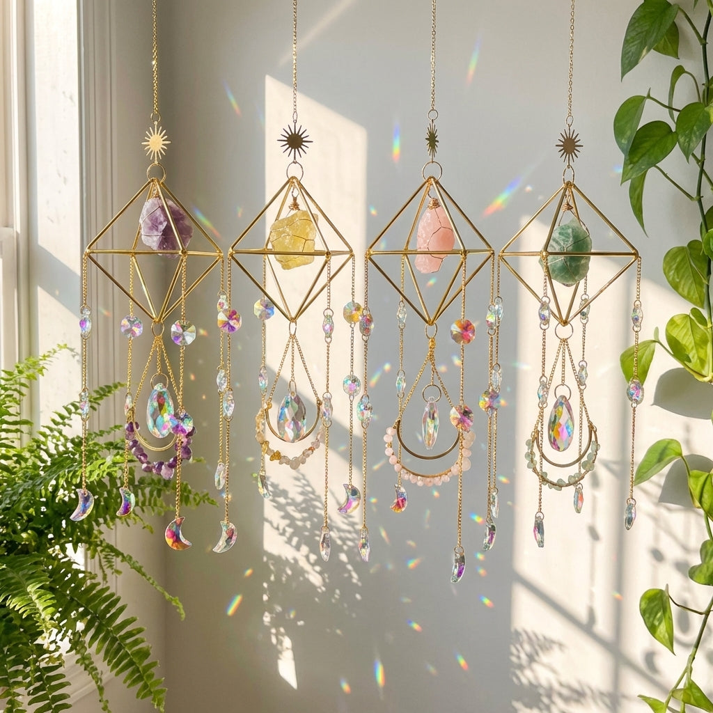 Decorative hanging crystal mobile with colorful stones and gold frames in front of a window.