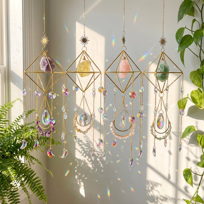 Decorative hanging crystal mobile with colorful stones and gold frames in front of a window.