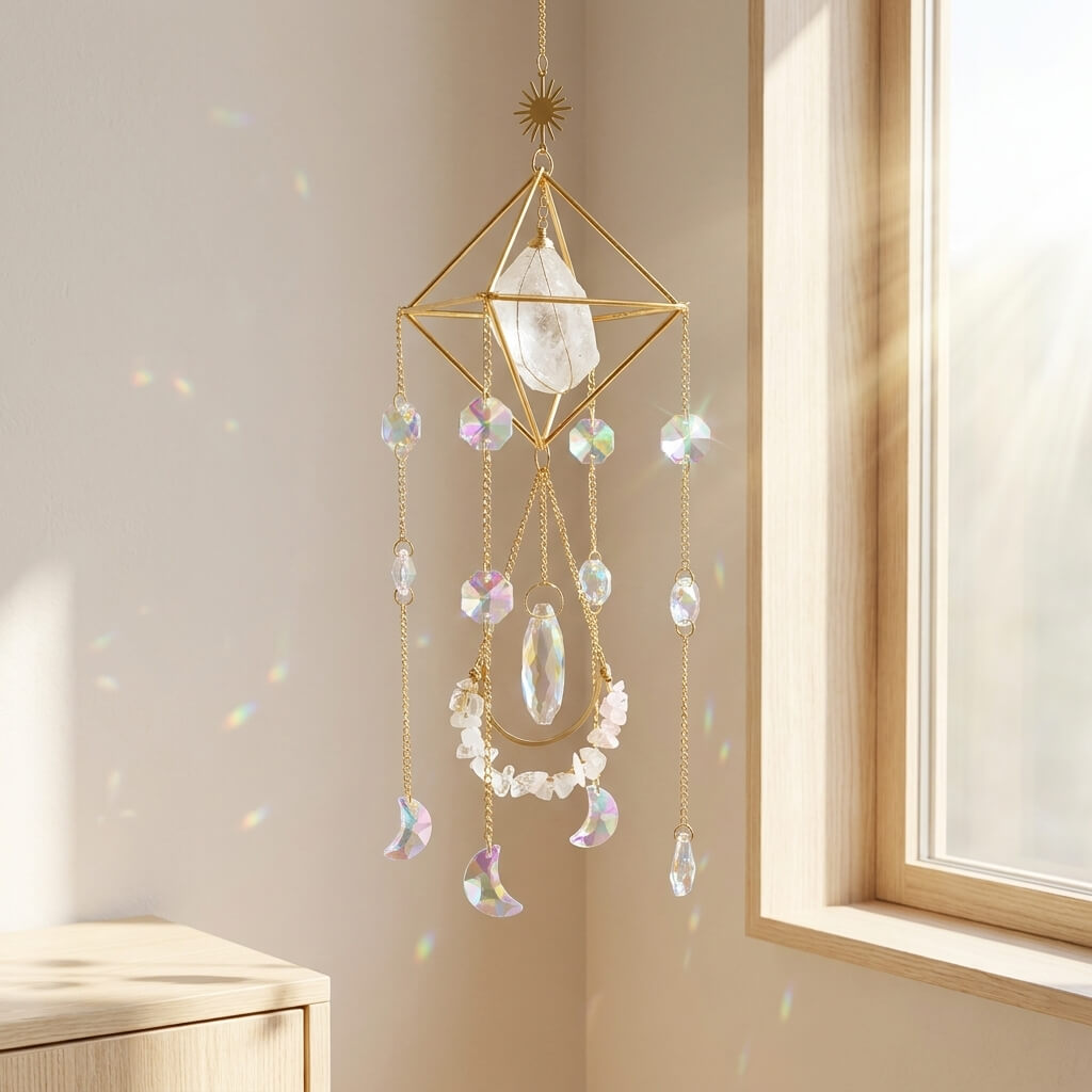 Decorative crystal hanging ornament on a neutral wall with a window in the background