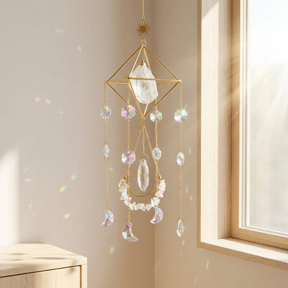 Decorative crystal hanging ornament on a neutral wall with a window in the background