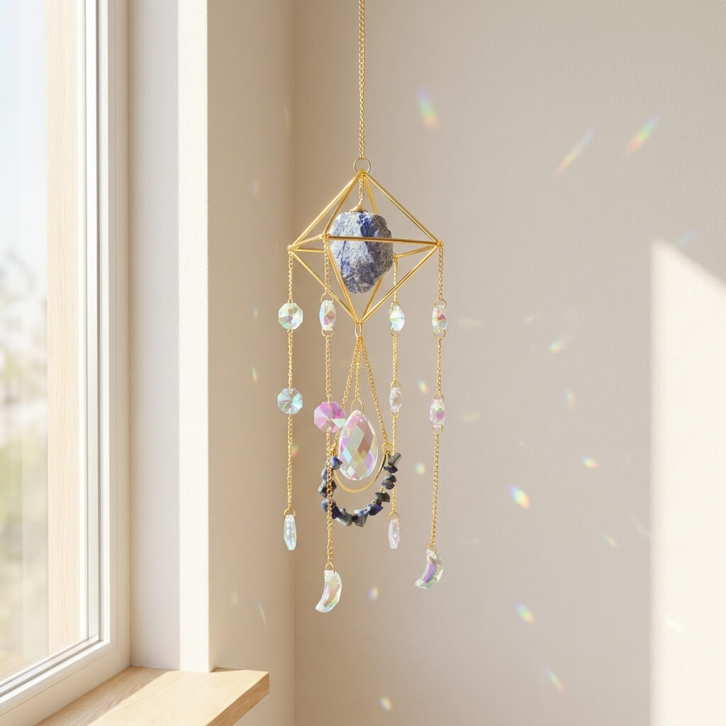 Decorative crystal hanging ornament on a neutral background