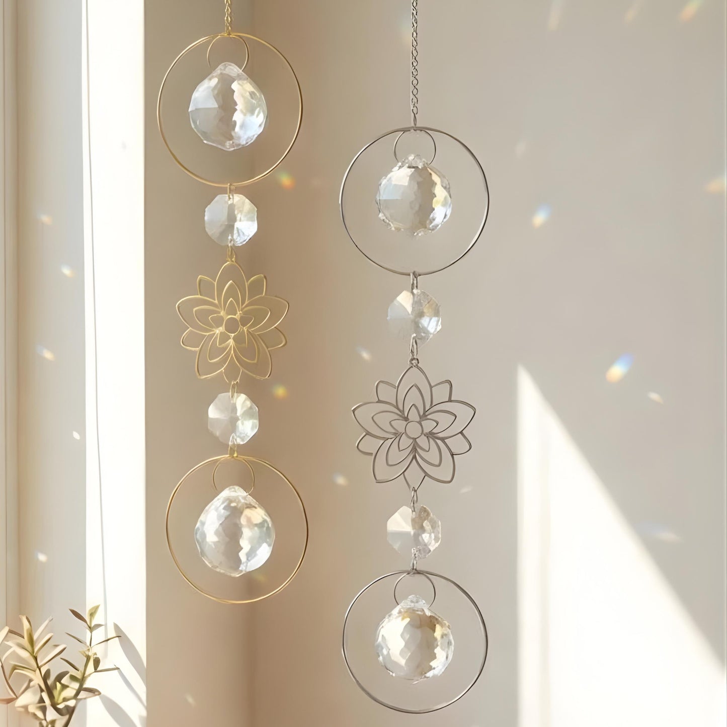 Decorative hanging crystal mobile with floral designs on a neutral background