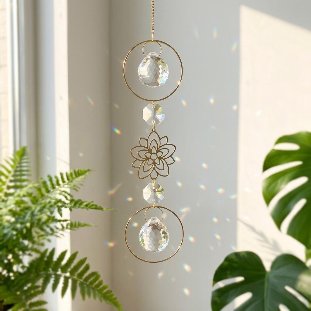 Crystal hanging ornament with gold accents in front of a window with plants.