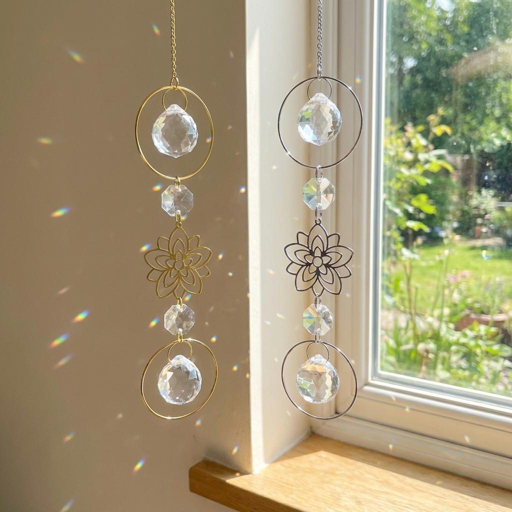 Decorative hanging crystal mobile with gold and black floral designs by a window.