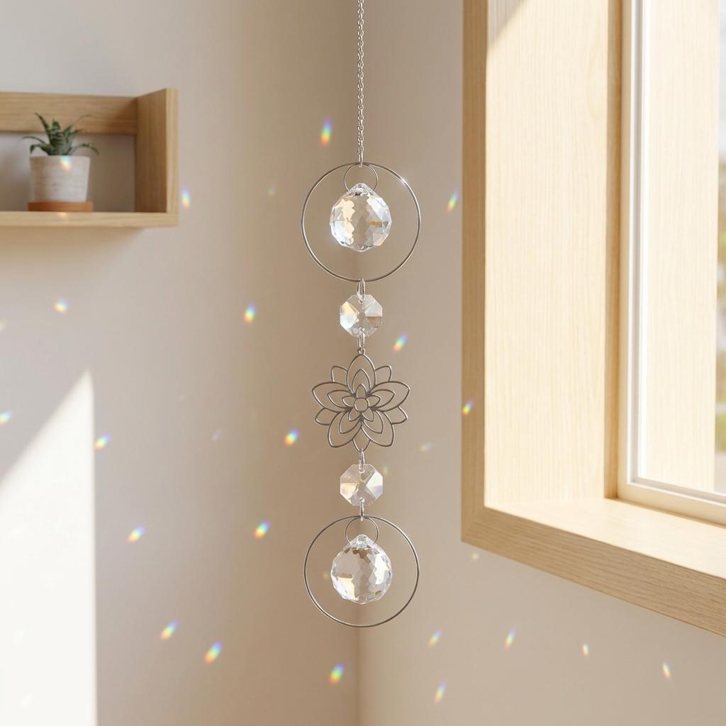 Crystal hanging ornament with floral design in a room with a window and shelf.