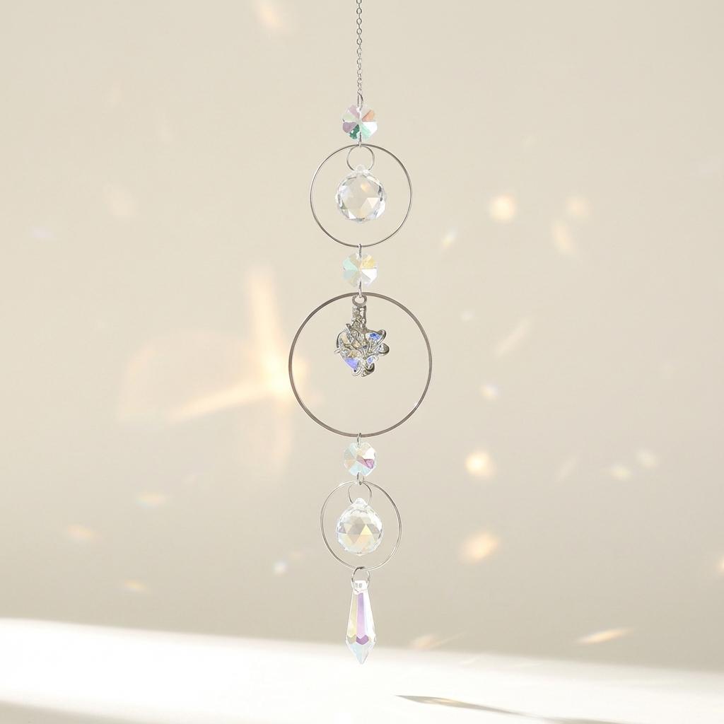 Crystal hanging ornament with multiple levels on a neutral background