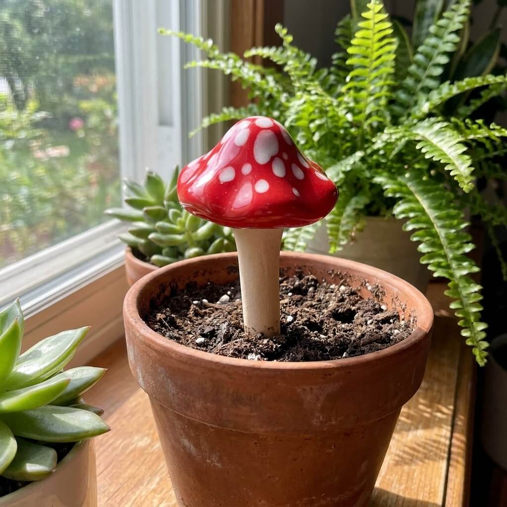 Red and white polka dot mushroom in a terracotta pot with plants in the background