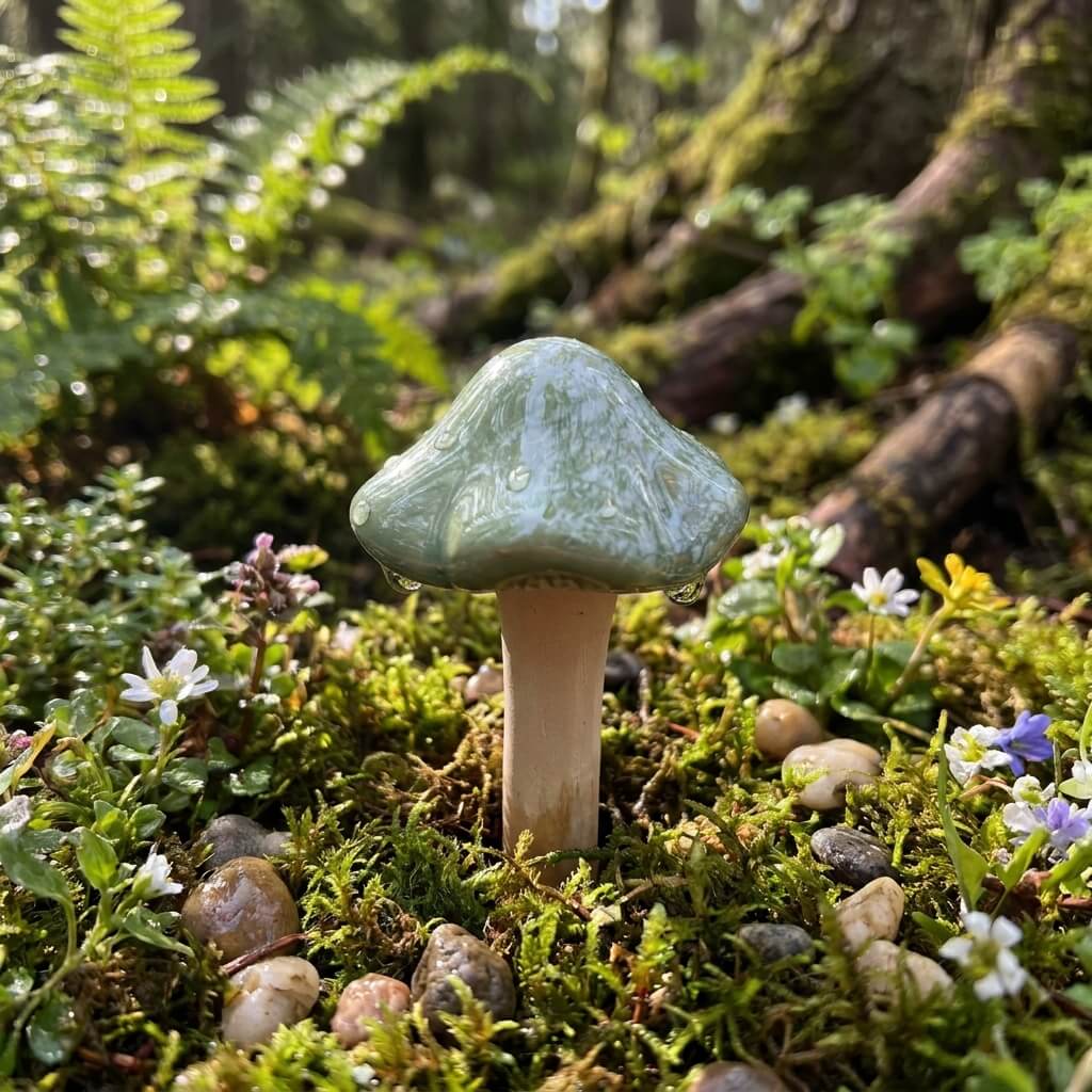 Green mushroom in a forest setting with moss and small flowers