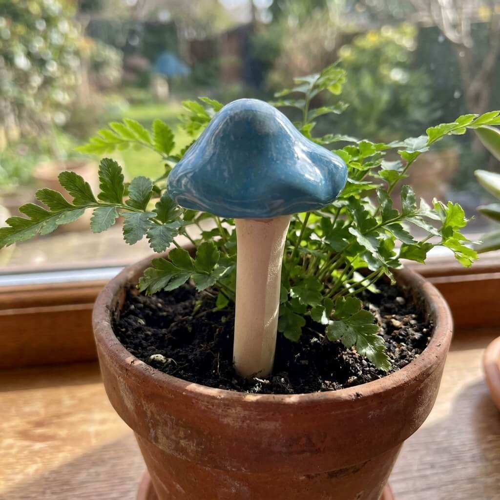 Blue mushroom in a potted plant on a windowsill