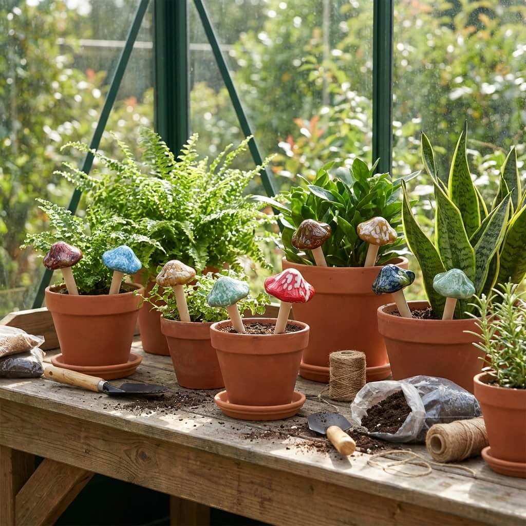 Potted plants and decorative mushroom figures on a wooden table with a garden background.