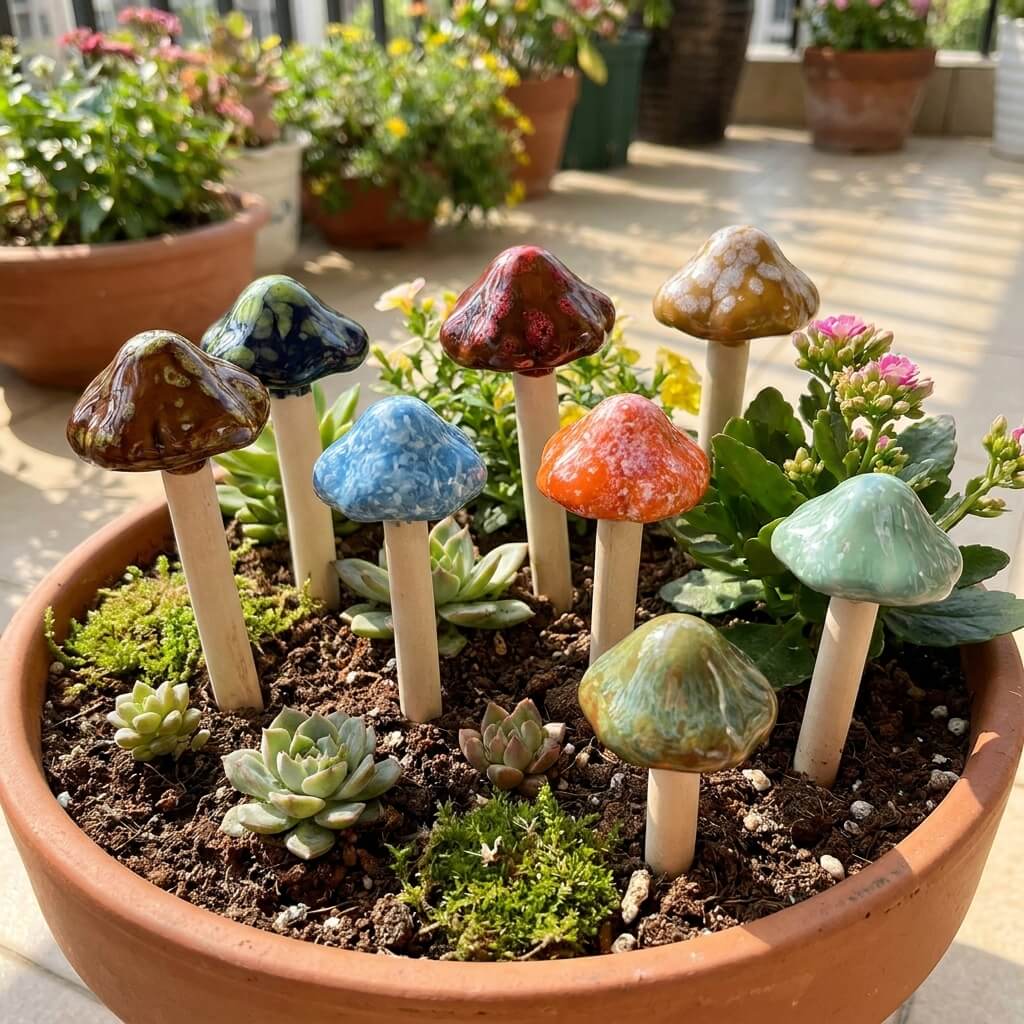 Colorful mushroom-shaped planters in a pot with small plants