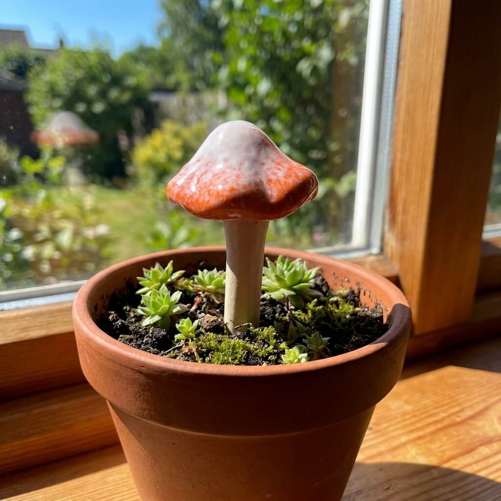 Small potted plant with a mushroom-shaped pot on a windowsill