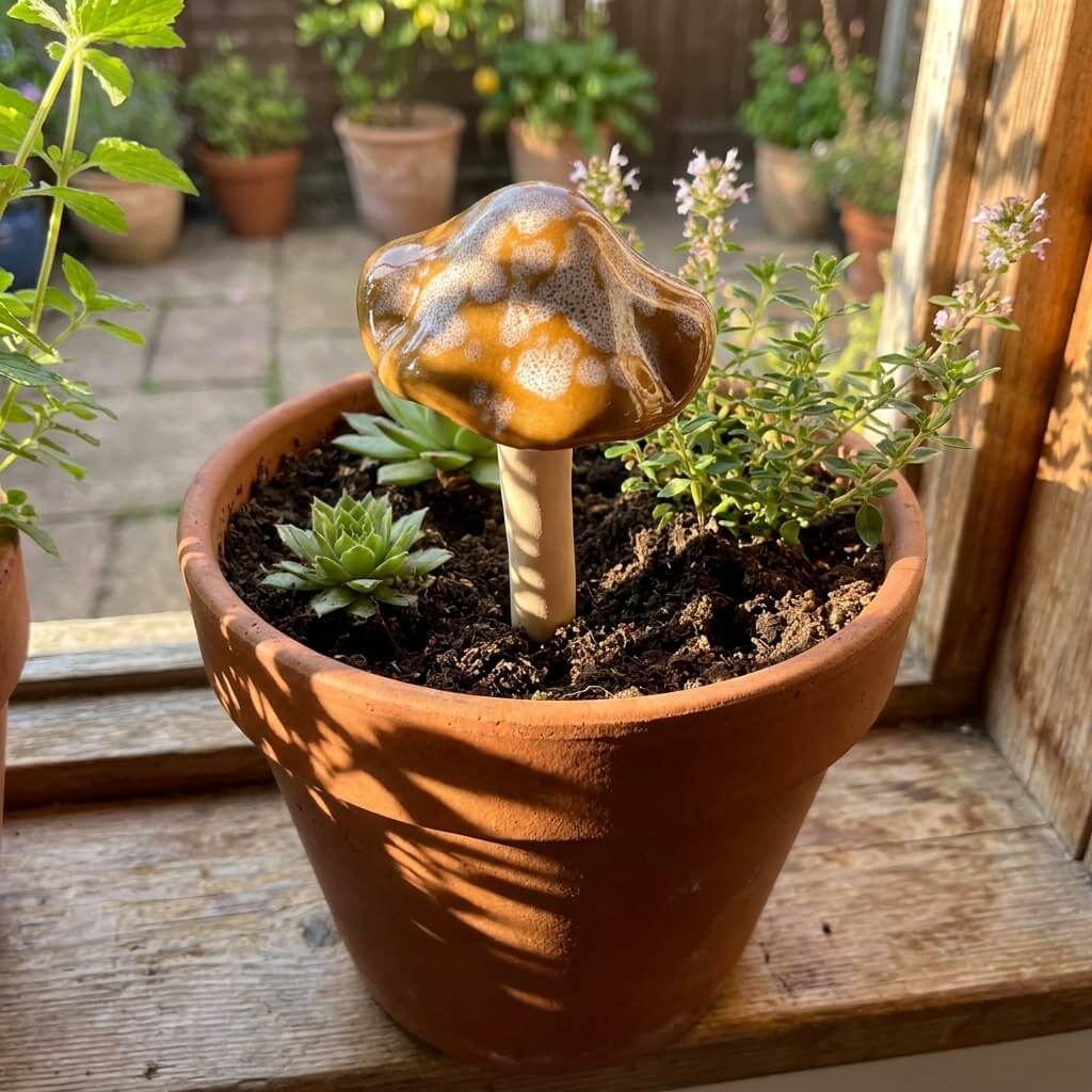 Terracotta pot with a decorative mushroom and small plant on a wooden surface.