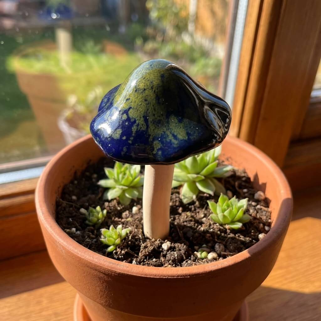 Potted plant with a decorative blue mushroom on a windowsill