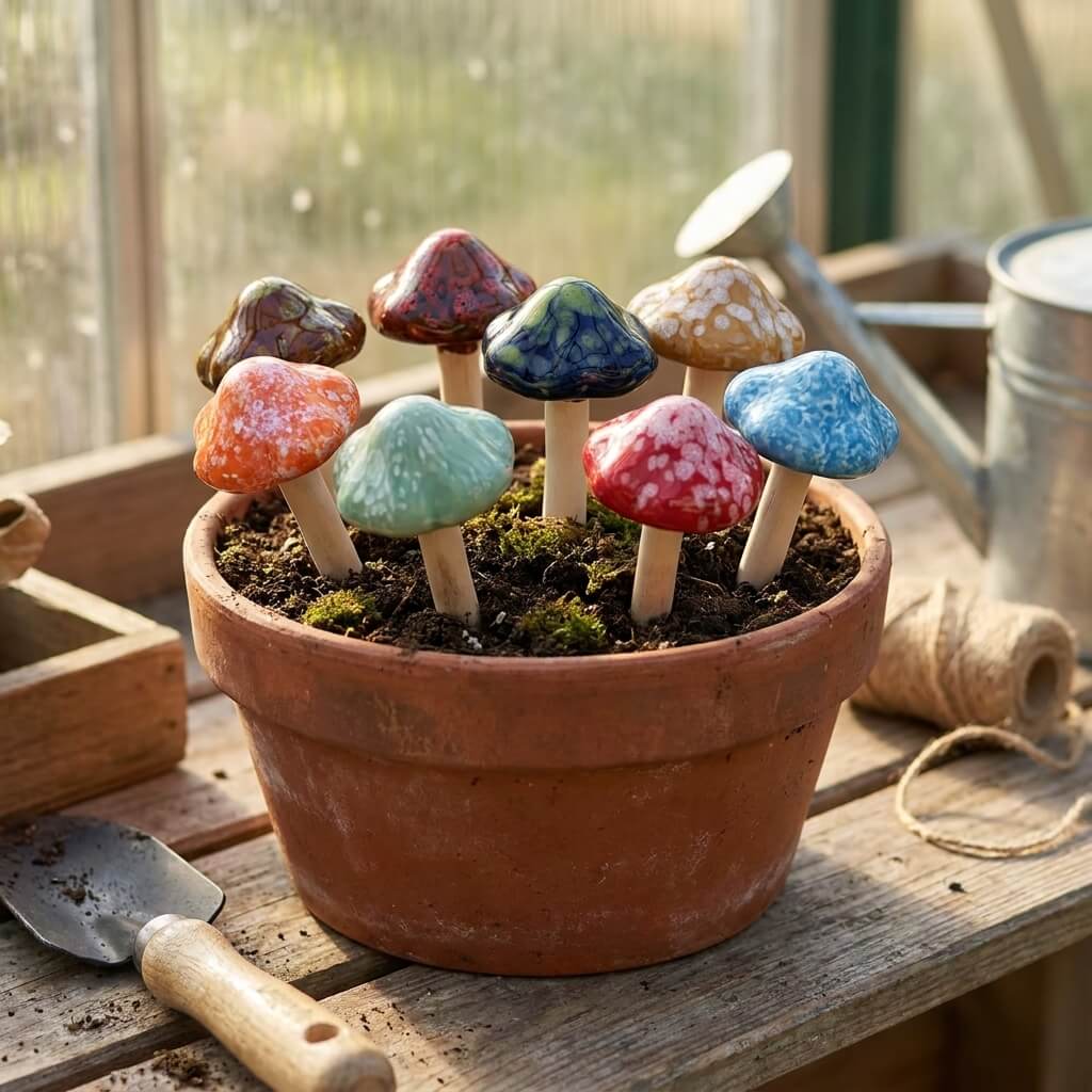 Terracotta pot with colorful artificial mushrooms on a wooden surface