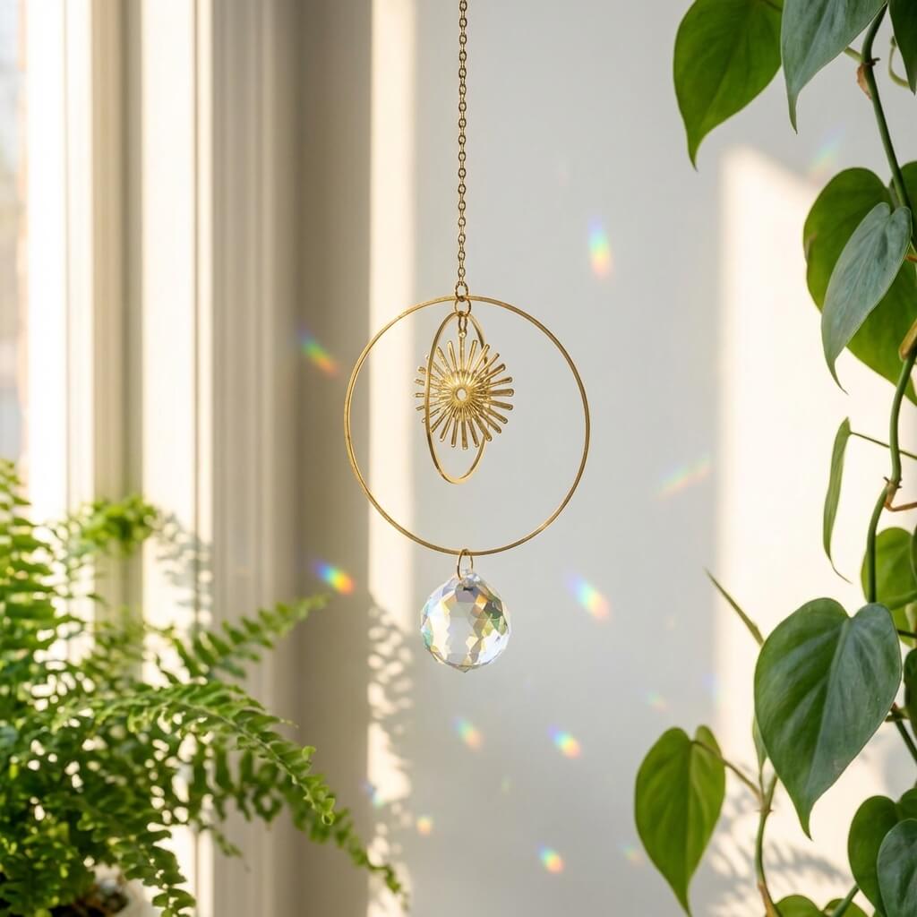 Decorative hanging crystal with gold chain and sun design, surrounded by plants.