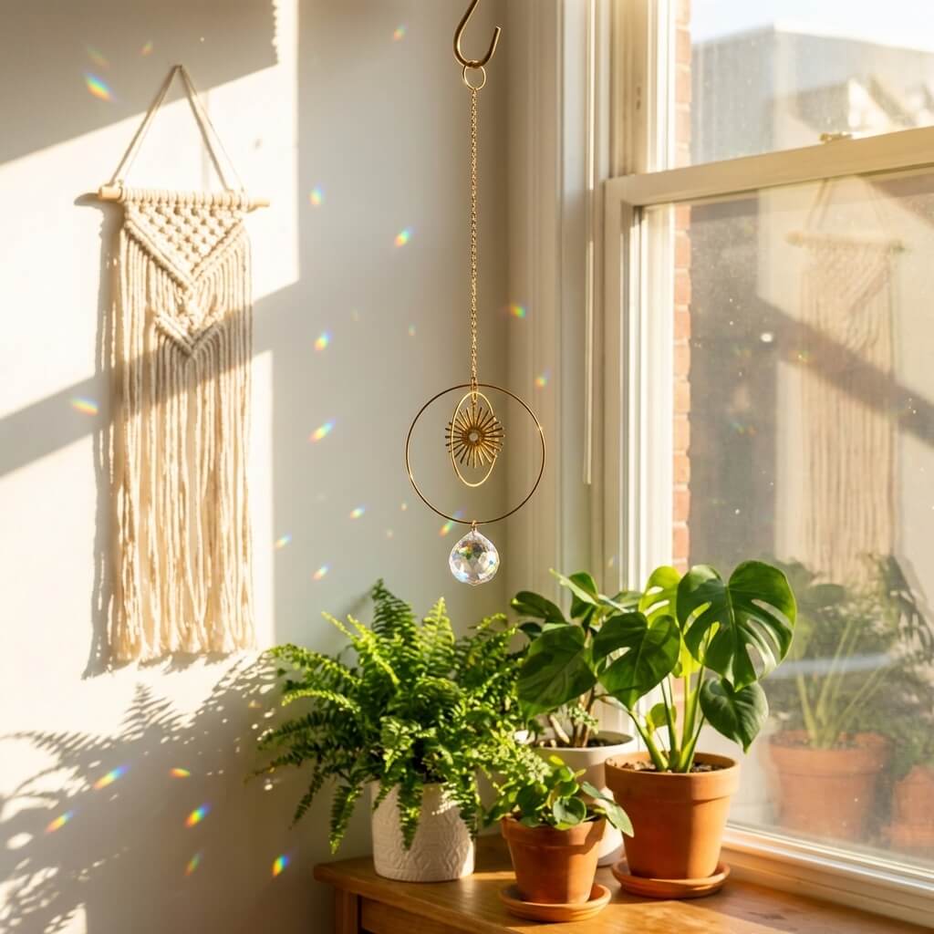 Sunlit room with plants, a window, and decorative hanging items.