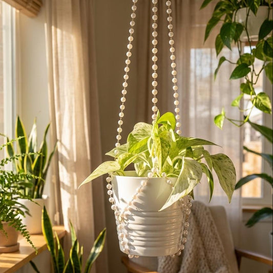 Indoor setting with potted plants, a chair, and a window with curtains.