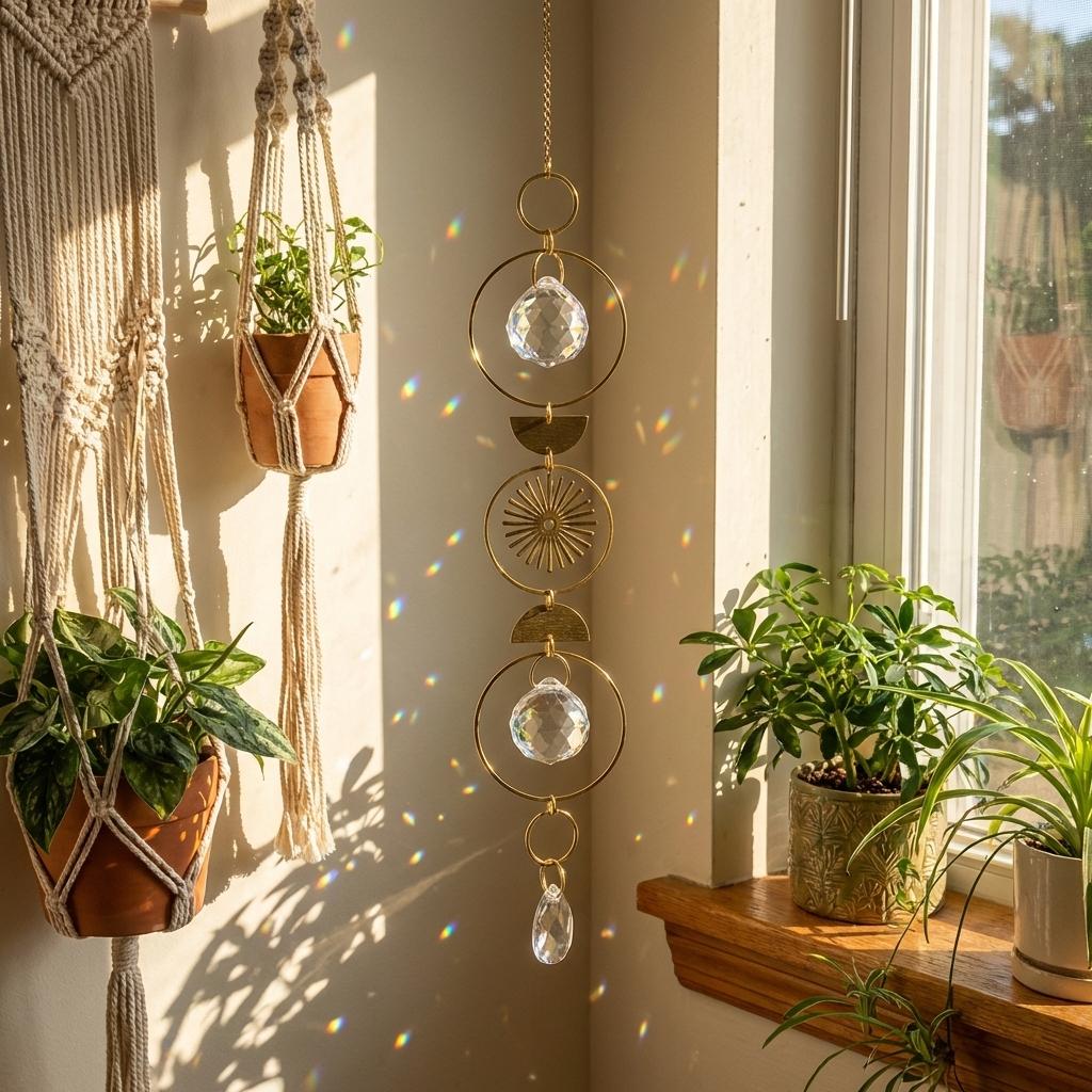 Hanging plants and decorative crystal mobile in a sunlit room.