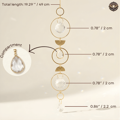 Gold-toned suncatcher with clear faceted glass and teardrop glass elements, shown with measurement callouts and a inset showing the pendant compartment.