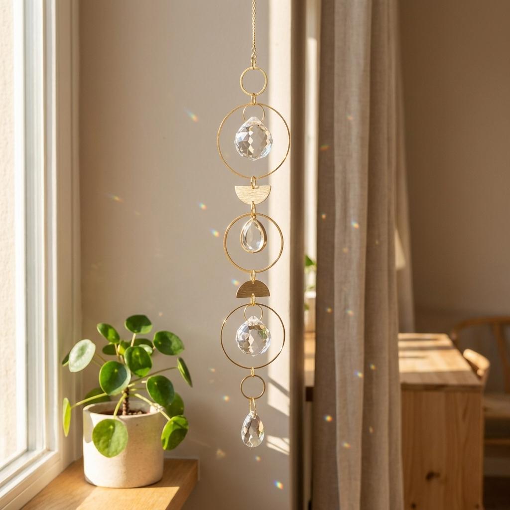 Decorative hanging crystal pendant next to a potted plant by a window.