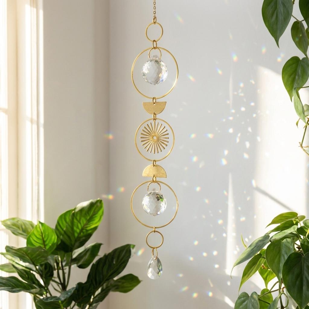 Decorative hanging crystal with gold accents in front of a light curtain