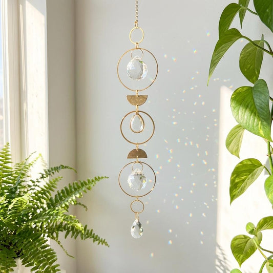 Decorative hanging crystal with gold accents in a room with plants