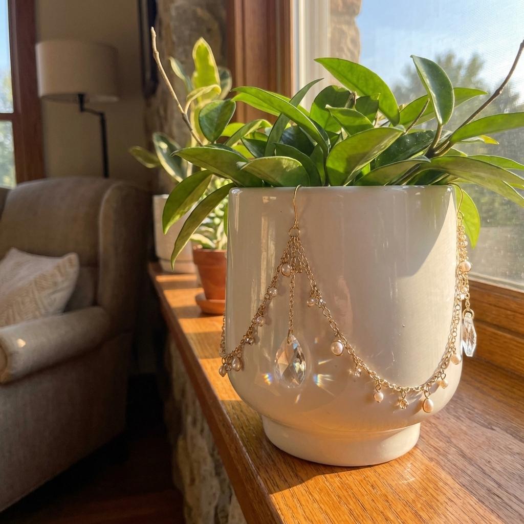 Jewelry earring displayed in a white pot with plants on a wooden surface.
