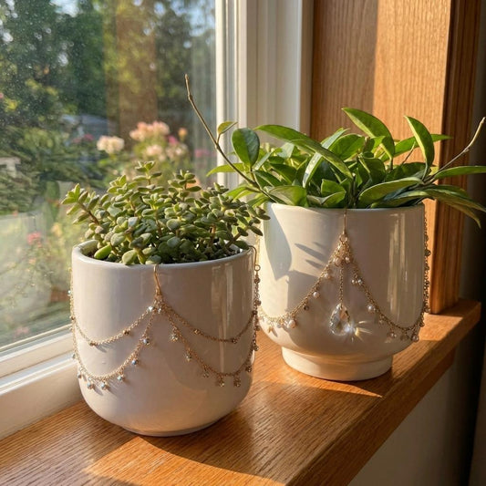 Two potted plants with decorative chains on a windowsill with sunlight streaming in.
