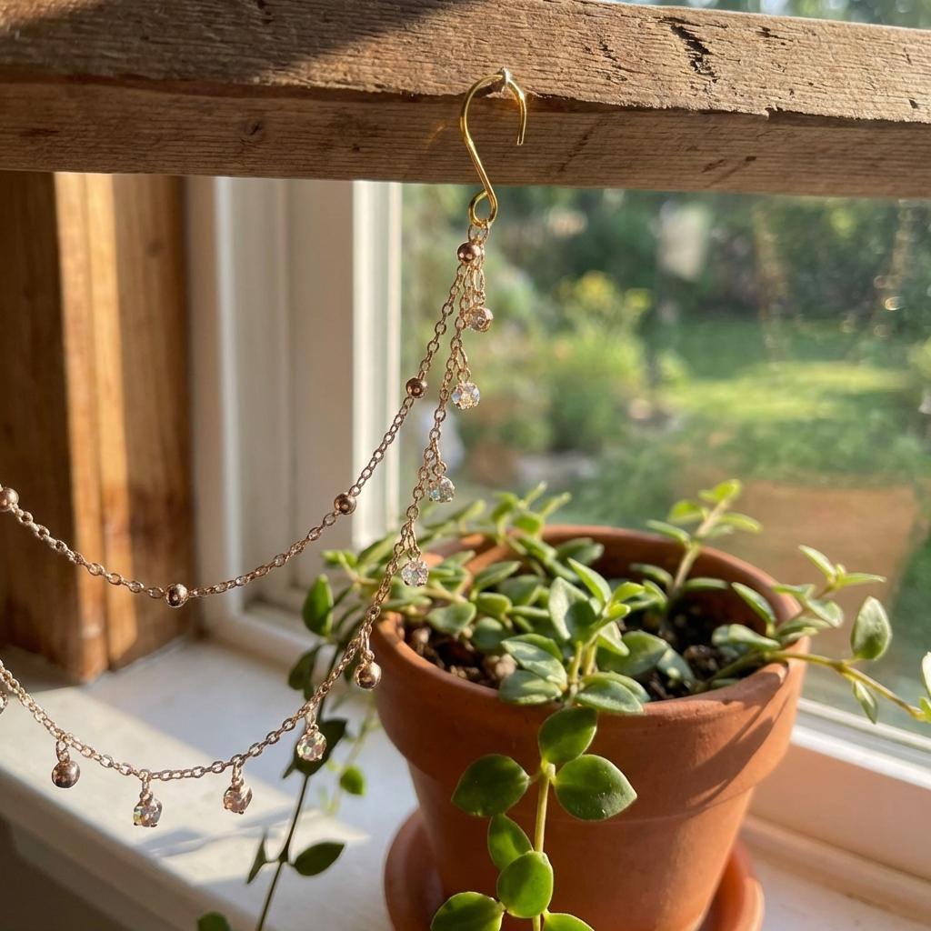 Gold necklace with small pendants hanging over a potted plant on a windowsill.
