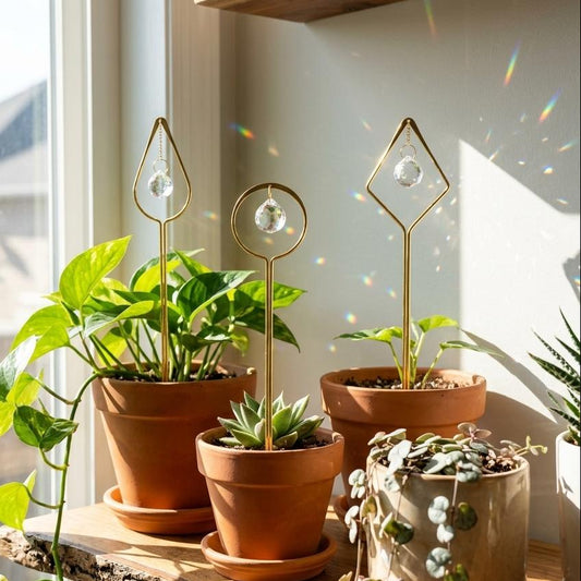 Collection of potted plants on a wooden shelf with decorative stands.