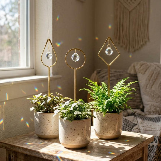 Three potted plants on a wooden table with decorative stands in a cozy room.