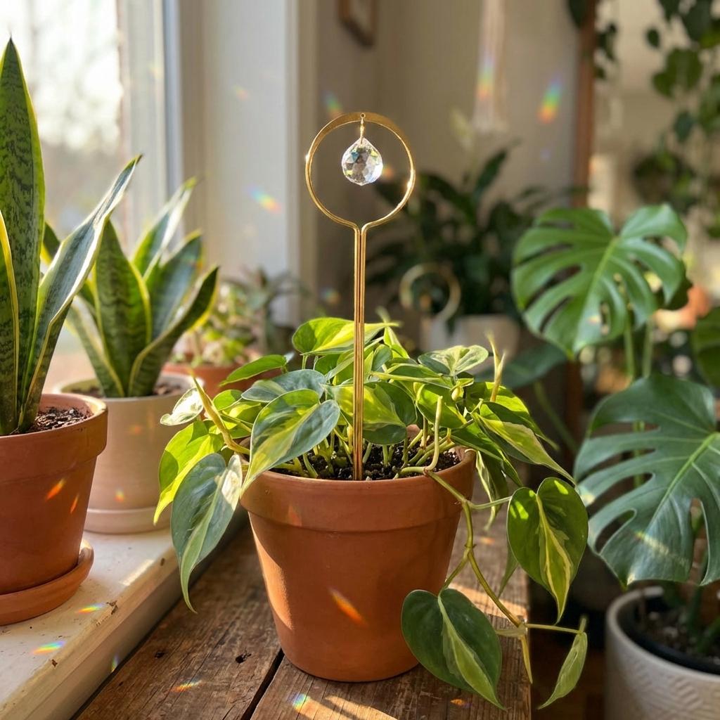 Potted plant with a decorative stake on a windowsill with other plants in the background