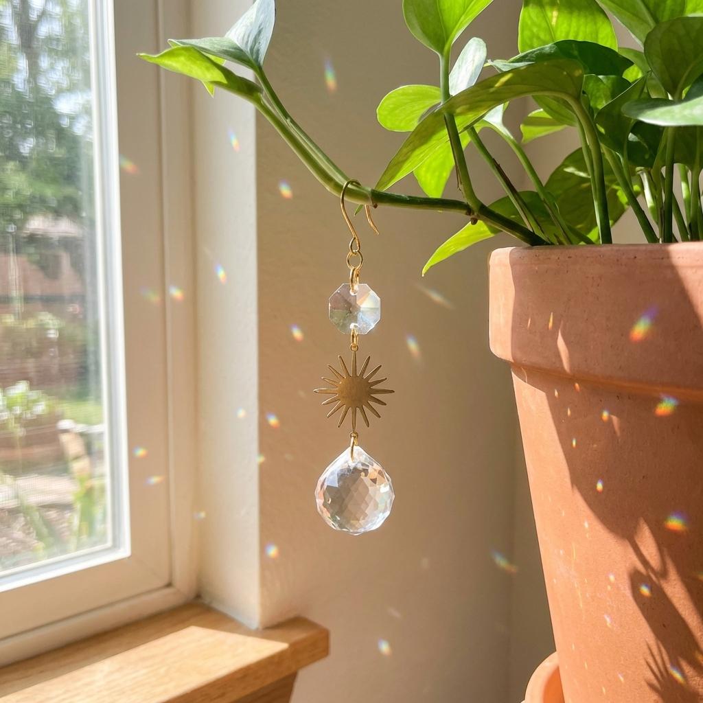 Crystal earrings with gold star design in front of a potted plant by a window.