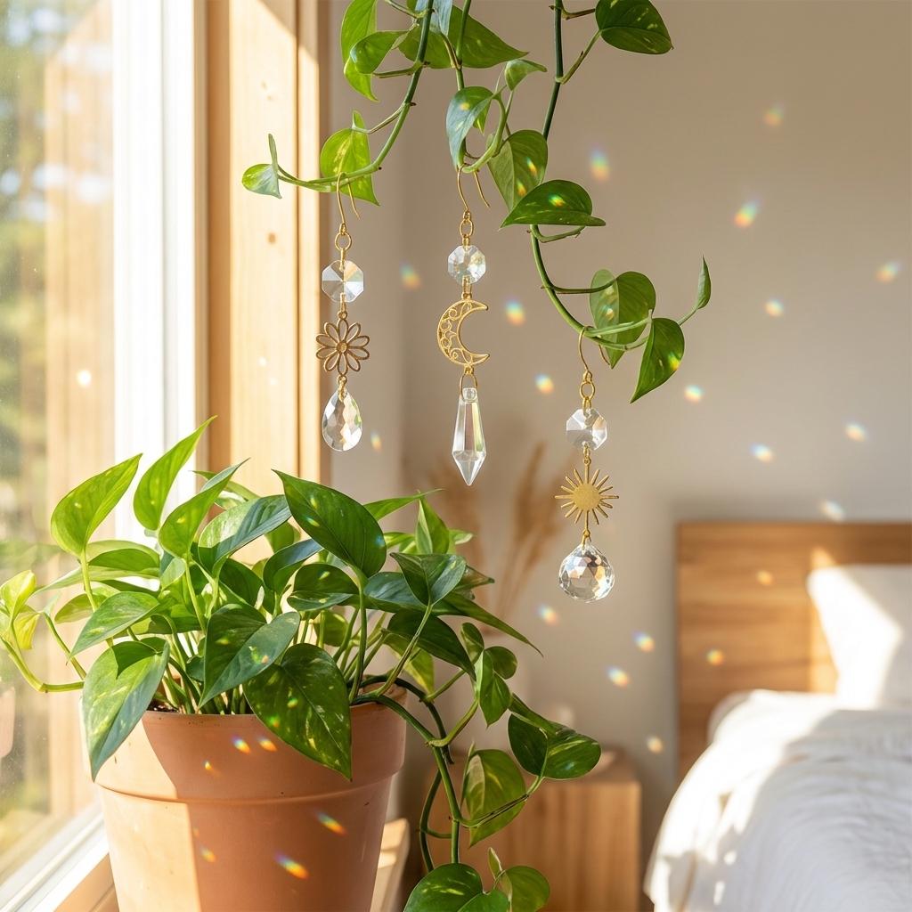 Potted plant with decorative hanging elements in a bright room
