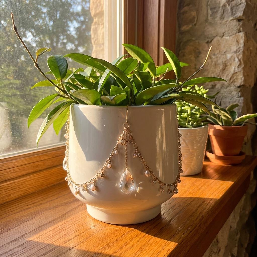 Potted plant with a decorative chain on a windowsill