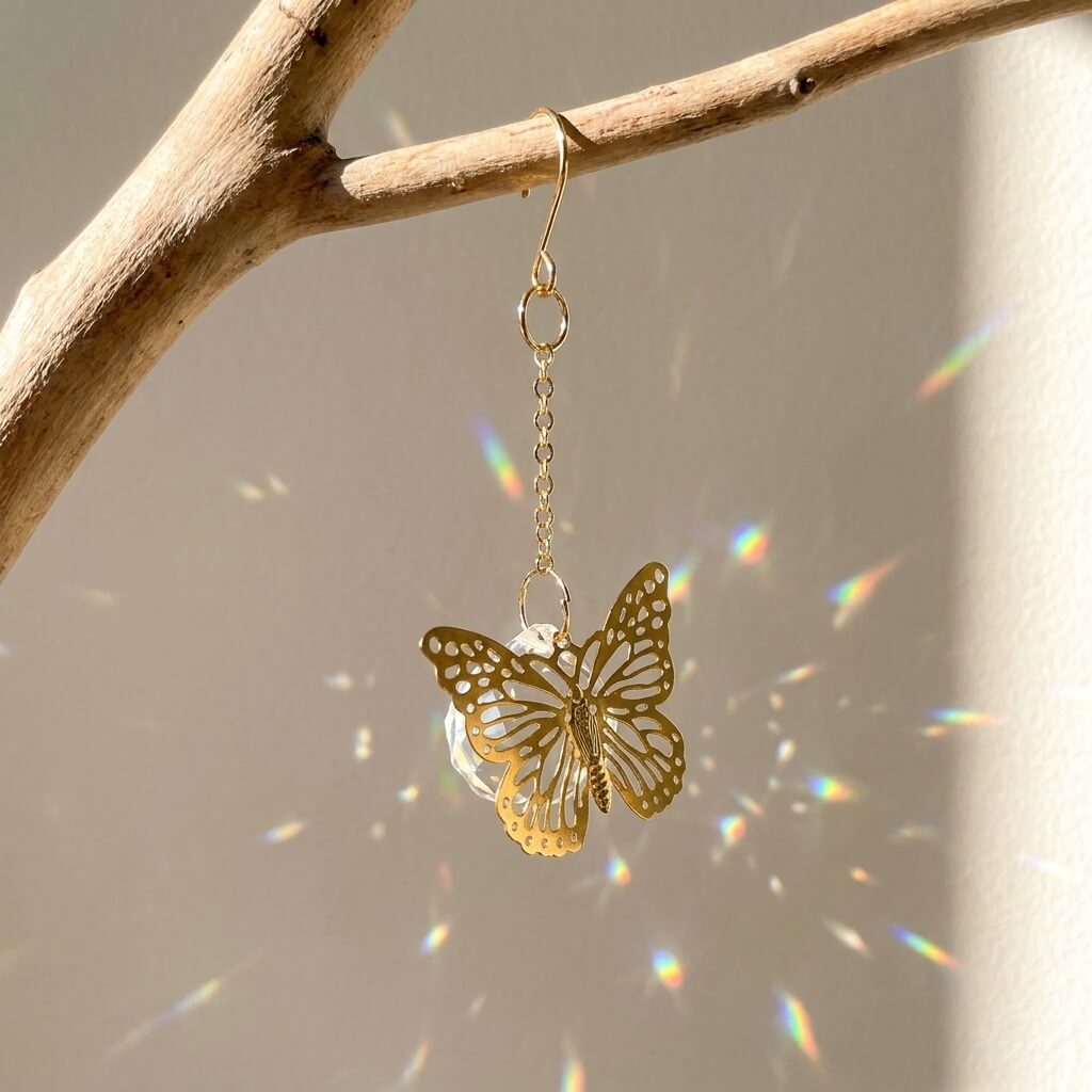 Gold butterfly earring hanging from a branch with rainbow折射效果