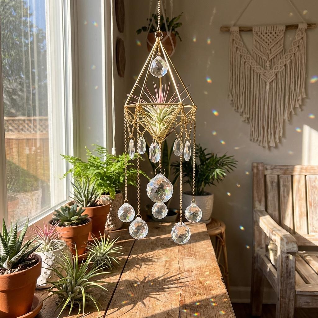Hanging crystal chandelier with plants on a wooden table in a sunlit room.